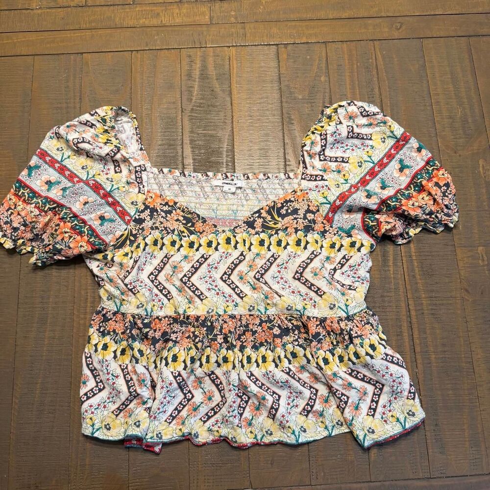 O'Neill Floral Patchwork Smocked Puff Sleeve Peasant Top Medium Boho Cottagecore